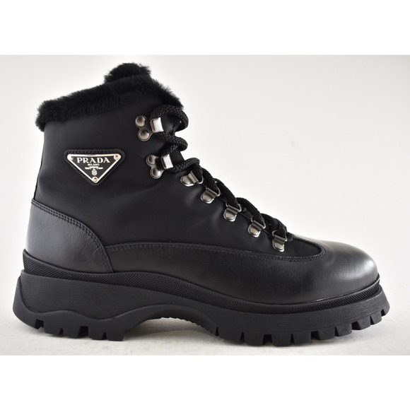 Prada Brixxen 38 Black Shearling Leather Nylon Lug Sole Lace Up Hiking Boot 40.5 - Picture 2 of 16